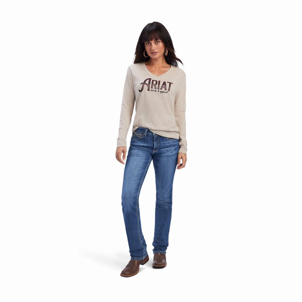 Women's Ariat REAL Chest Logo Relaxed Tops Beige | PATJ-01867