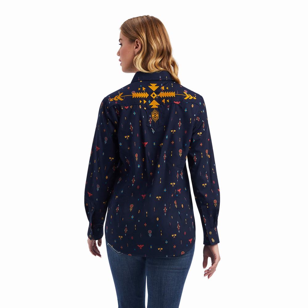 Women's Ariat REAL Dakota Snap Tops Navy Multicolor | ATHU-91083