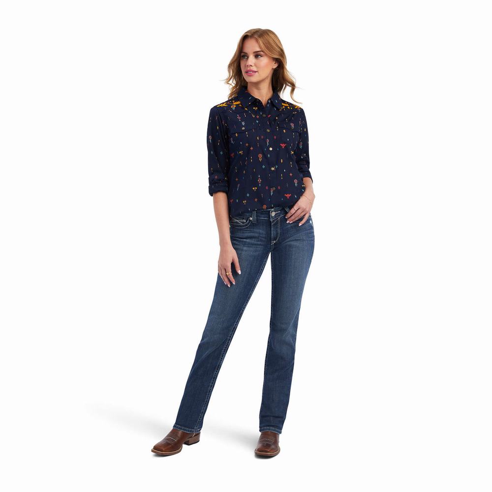 Women's Ariat REAL Dakota Snap Tops Navy Multicolor | ATHU-91083