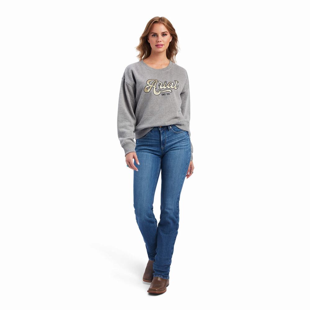 Women's Ariat REAL Metallic Varsity Logo Hoodie Grey | OZVX-06147