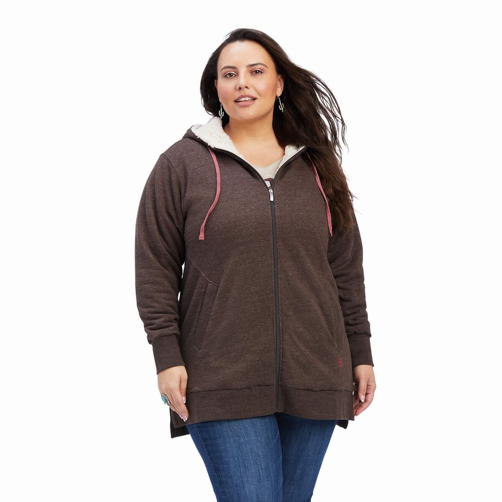 Women's Ariat REAL Sherpa Lined Long Full Zip Hoodie Brown | MVYZ-39648