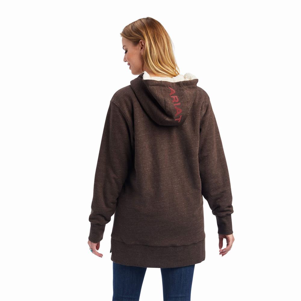 Women's Ariat REAL Sherpa Lined Long Full Zip Hoodie Brown | MVYZ-39648