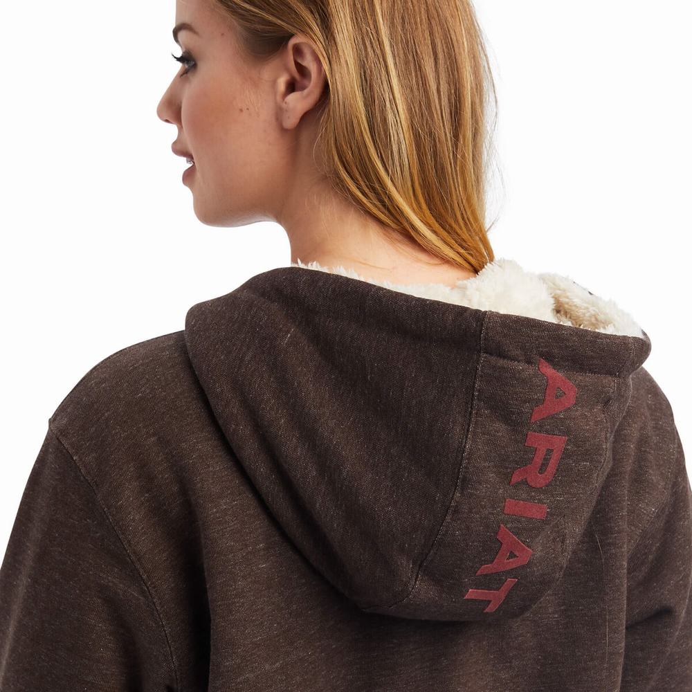 Women's Ariat REAL Sherpa Lined Long Full Zip Hoodie Brown | MVYZ-39648