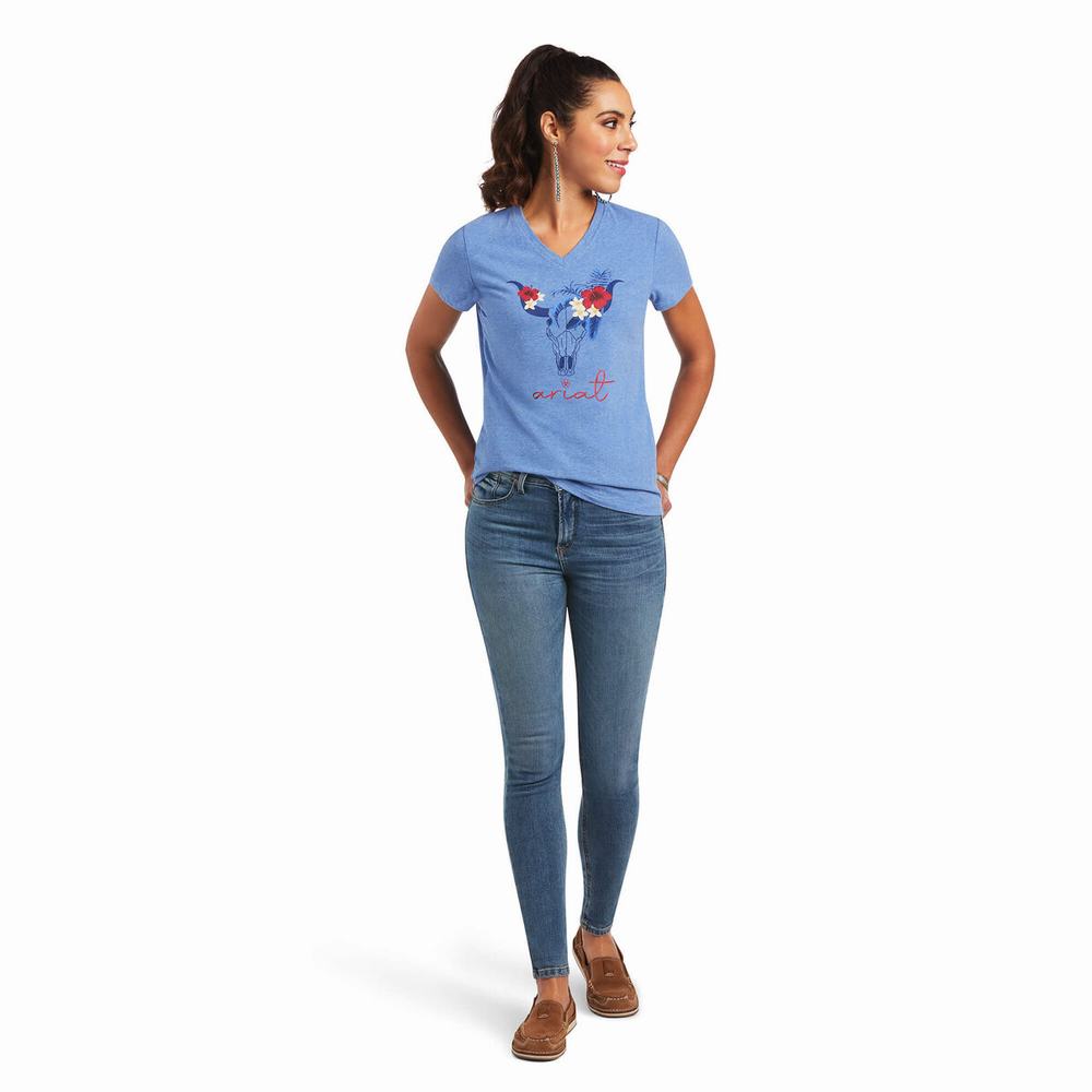 Women's Ariat REAL Tropic Steerhead Tops Blue | BTVS-41865