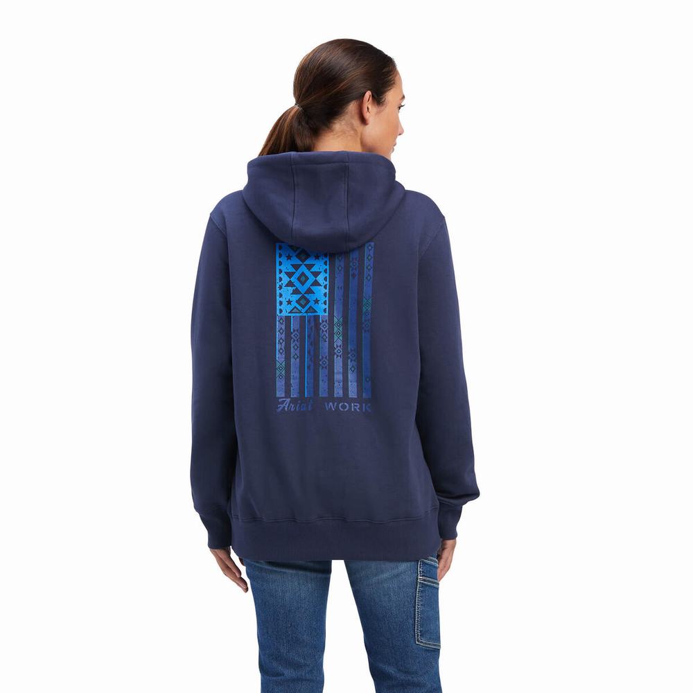 Women's Ariat Rebar Aztec Flag Graphic Hoodie Indigo | SUYV-78135