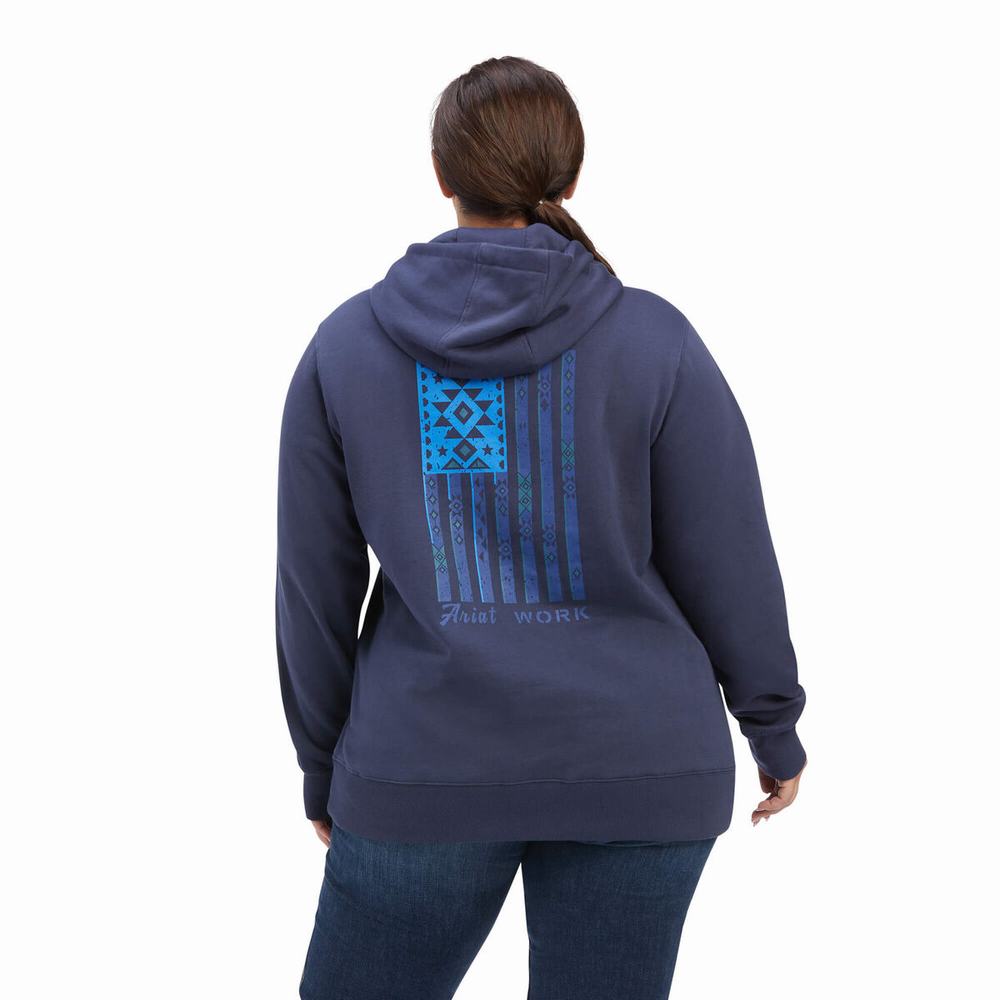 Women's Ariat Rebar Aztec Flag Graphic Hoodie Indigo | SUYV-78135