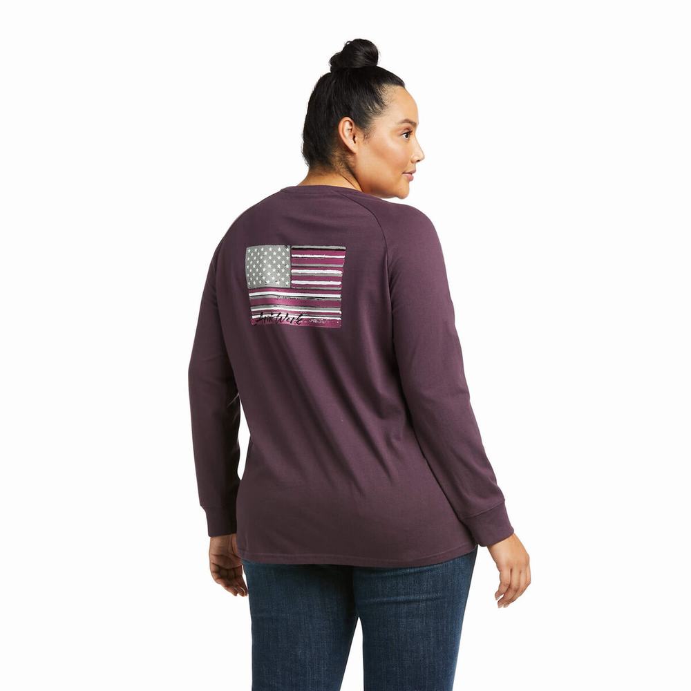 Women's Ariat Rebar CottonStrong Brand Flag T Shirts Purple | BJZF-21653