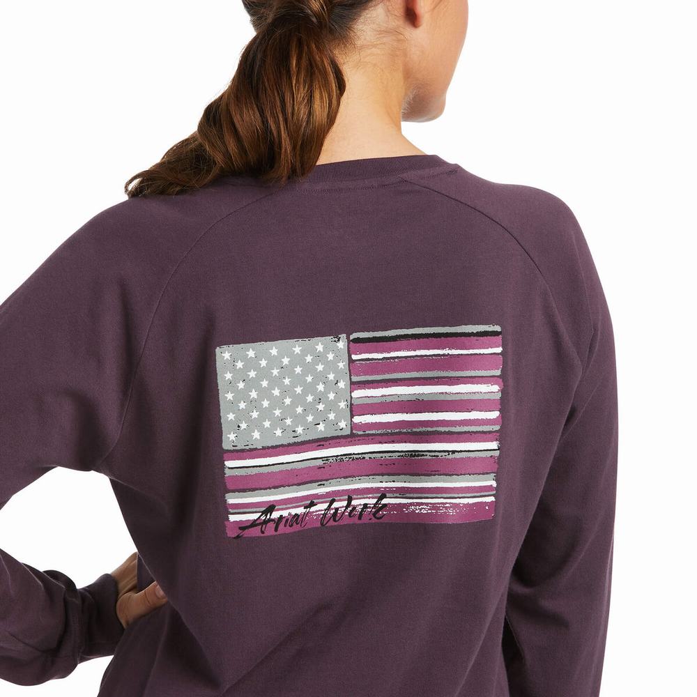 Women's Ariat Rebar CottonStrong Brand Flag T Shirts Purple | BJZF-21653