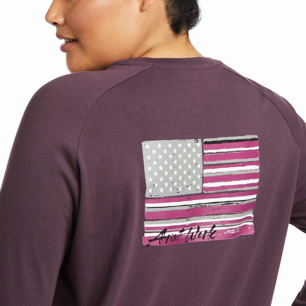 Women's Ariat Rebar CottonStrong Brand Flag T Shirts Purple | BJZF-21653