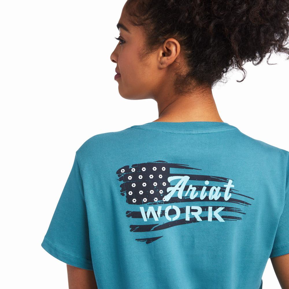 Women's Ariat Rebar Cotton Strong Flag Graphic Tops Blue | KADB-78169