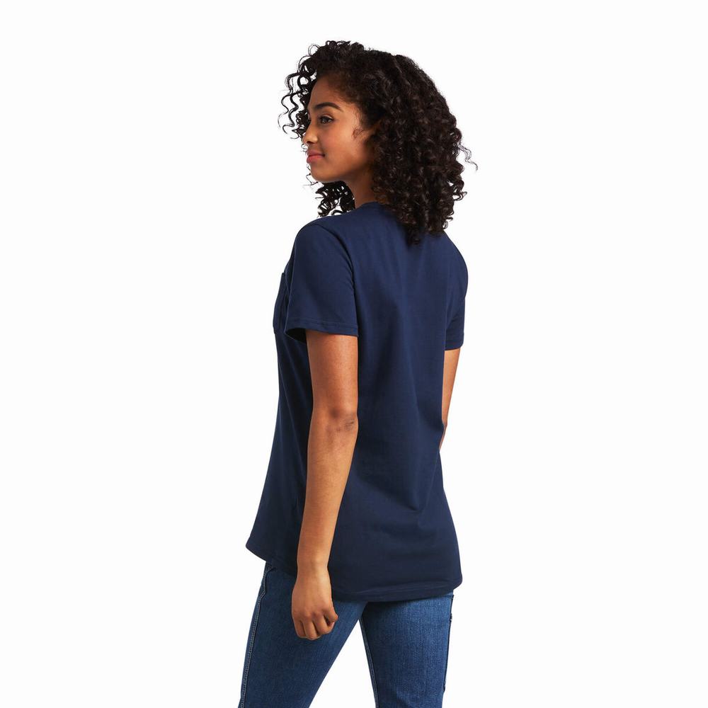 Women's Ariat Rebar Cotton Strong Short Sleeve Navy | CUTH-76892