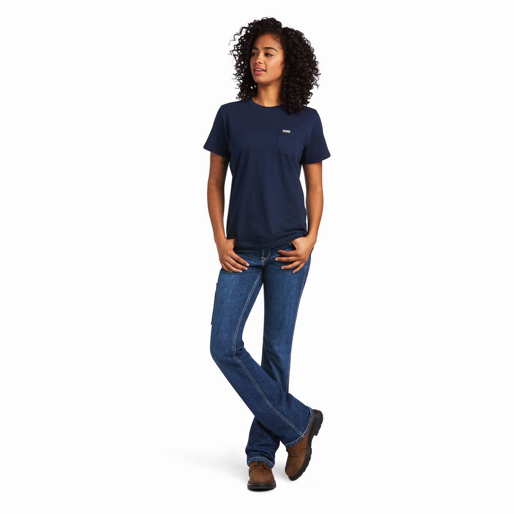 Women's Ariat Rebar Cotton Strong Short Sleeve Navy | CUTH-76892