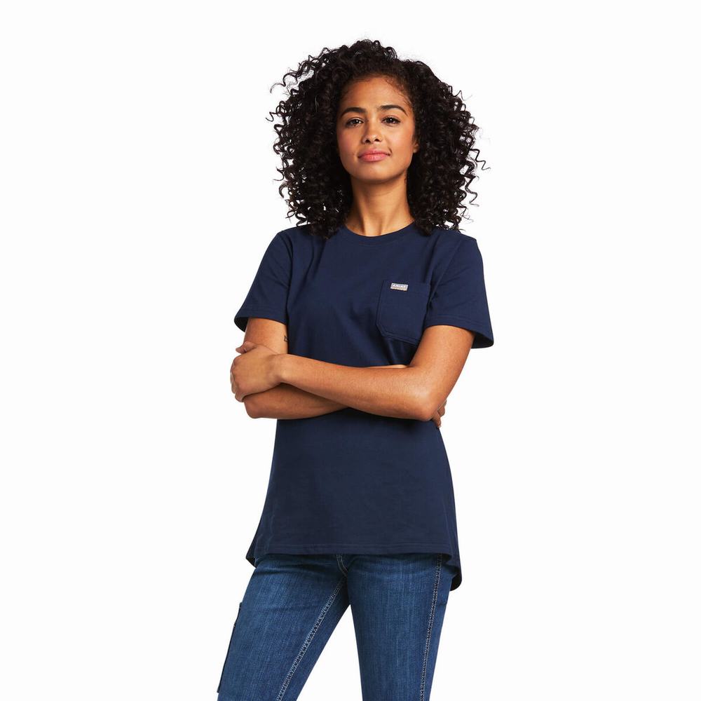 Women\'s Ariat Rebar Cotton Strong Short Sleeve Navy | CUTH-76892