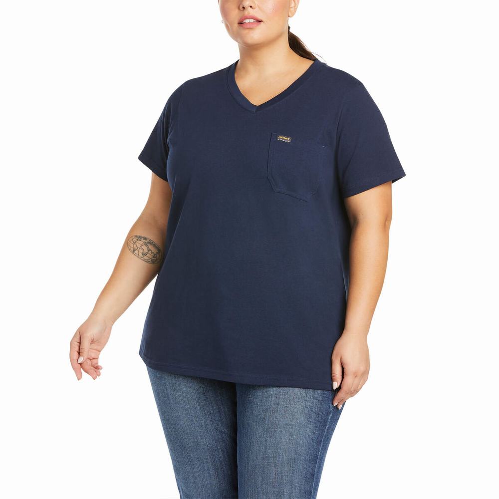 Women's Ariat Rebar Cotton Strong V-Neck Short Sleeve Navy | MFTU-31902