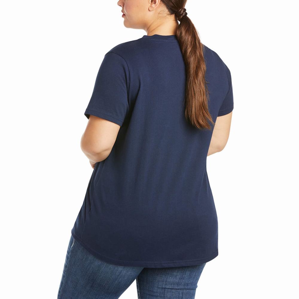 Women's Ariat Rebar Cotton Strong V-Neck Short Sleeve Navy | MFTU-31902