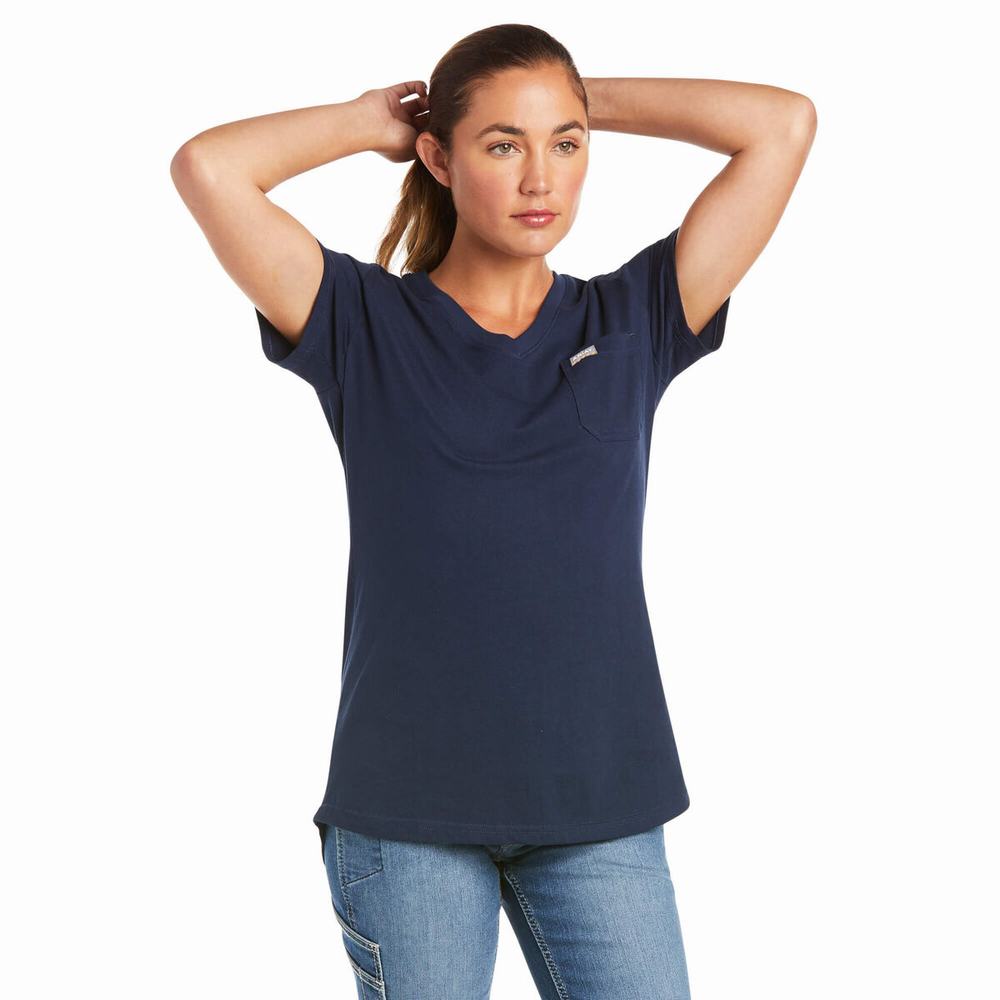 Women\'s Ariat Rebar Cotton Strong V-Neck Short Sleeve Navy | MFTU-31902