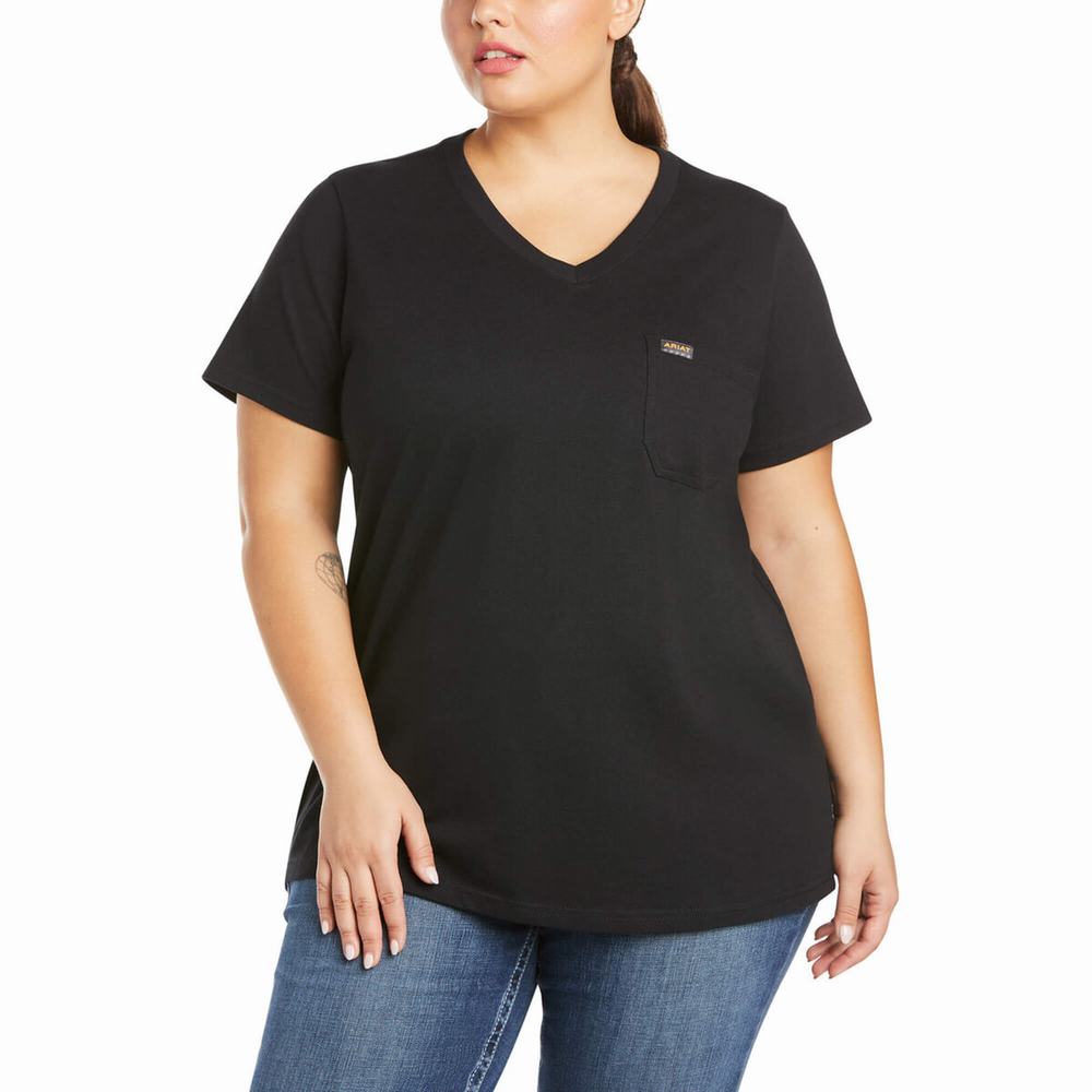 Women's Ariat Rebar Cotton Strong V-Neck Short Sleeve Black | WBNK-17805