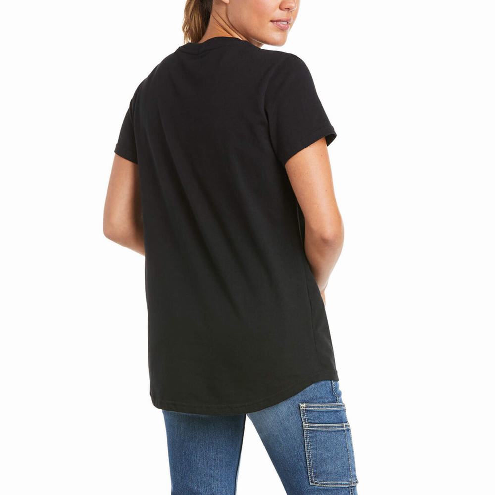 Women's Ariat Rebar Cotton Strong V-Neck Short Sleeve Black | WBNK-17805