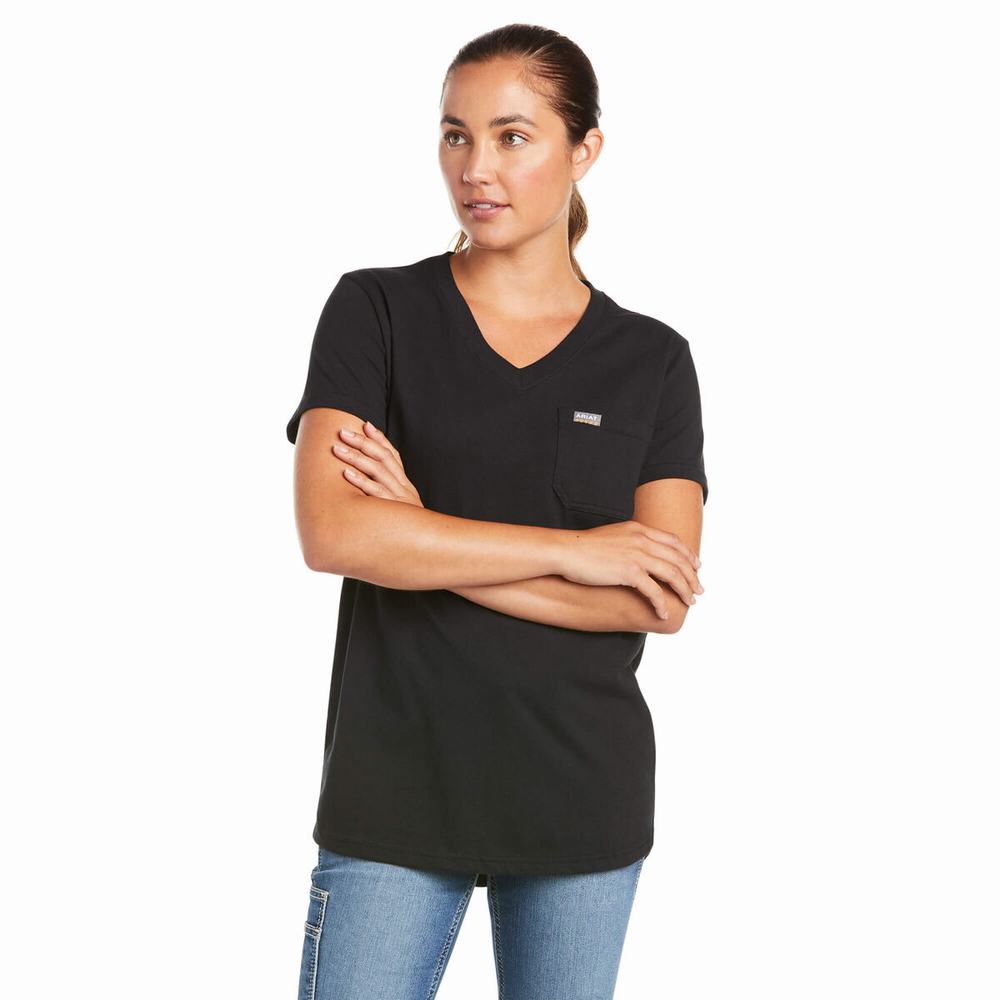 Women\'s Ariat Rebar Cotton Strong V-Neck Short Sleeve Black | WBNK-17805