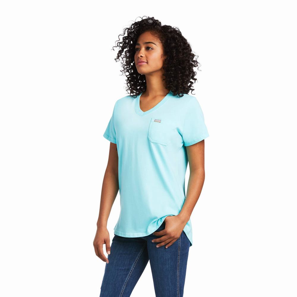 Women's Ariat Rebar Cotton Strong Wrench Graphic Tops Light Turquoise Blue | WLGN-51283