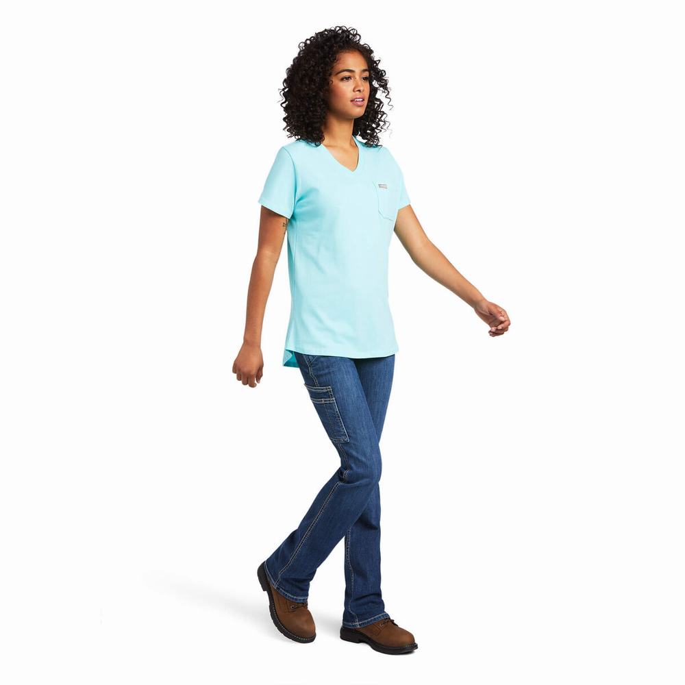 Women's Ariat Rebar Cotton Strong Wrench Graphic Tops Light Turquoise Blue | WLGN-51283