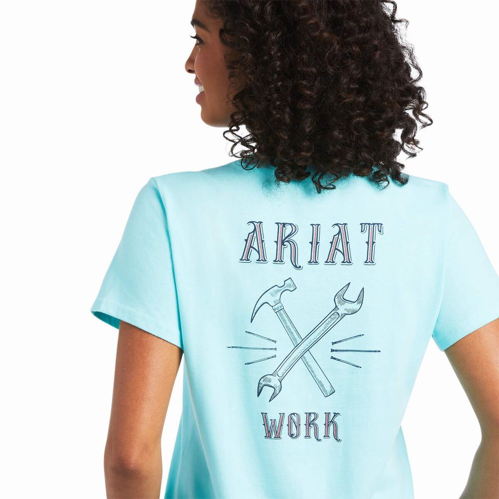 Women's Ariat Rebar Cotton Strong Wrench Graphic Tops Light Turquoise Blue | WLGN-51283