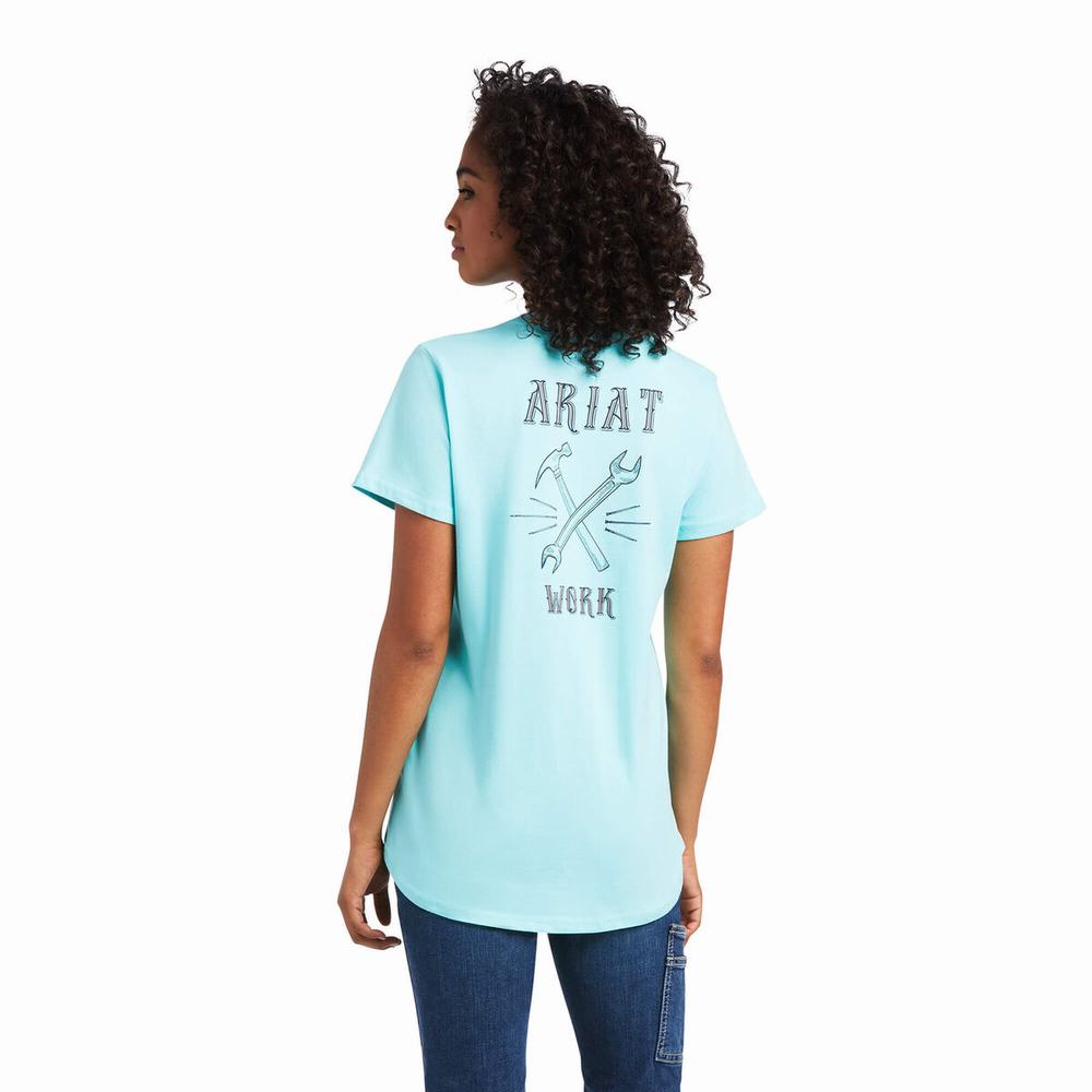 Women\'s Ariat Rebar Cotton Strong Wrench Graphic Tops Light Turquoise Blue | WLGN-51283