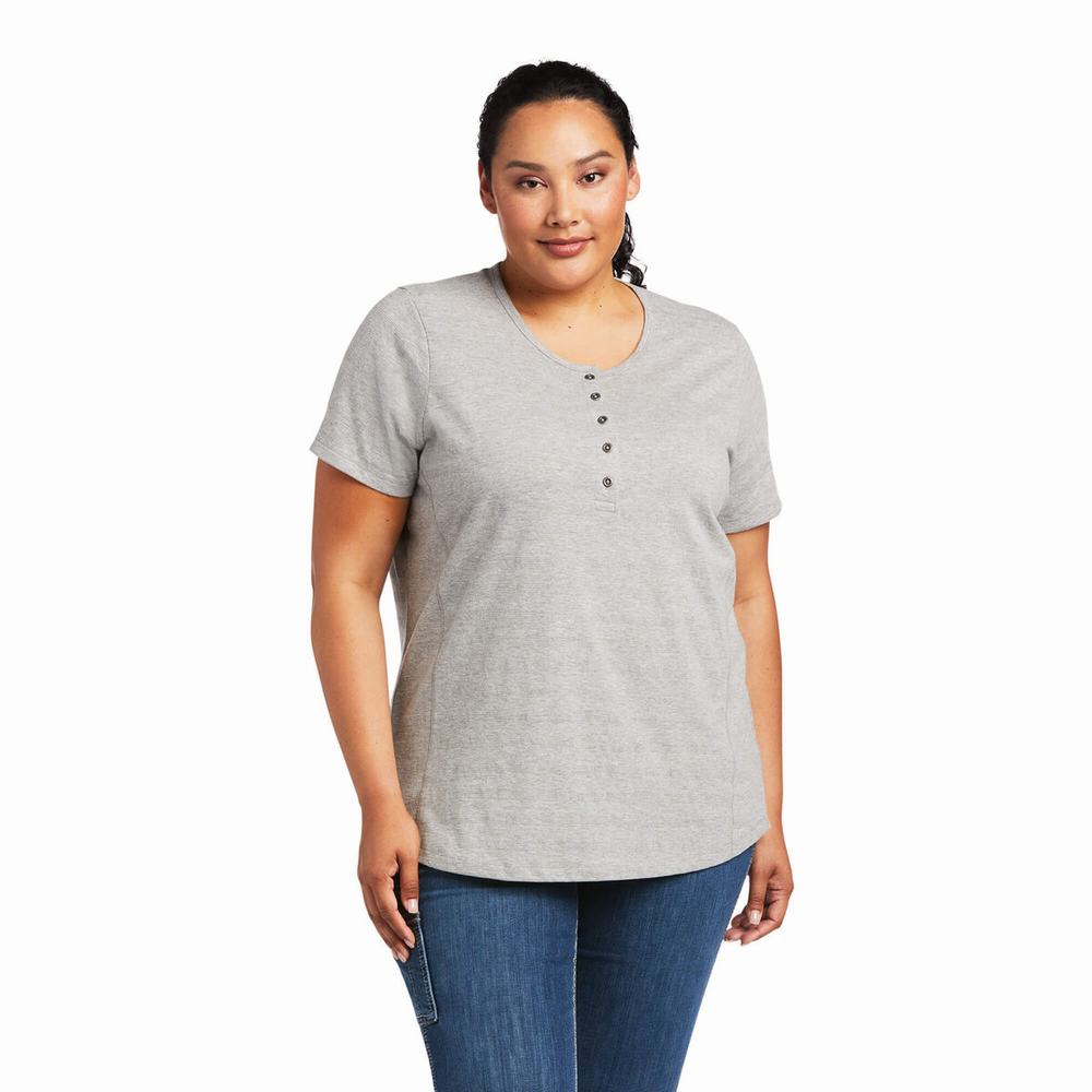 Women's Ariat Rebar Henley Tops Grey | CXBU-12543