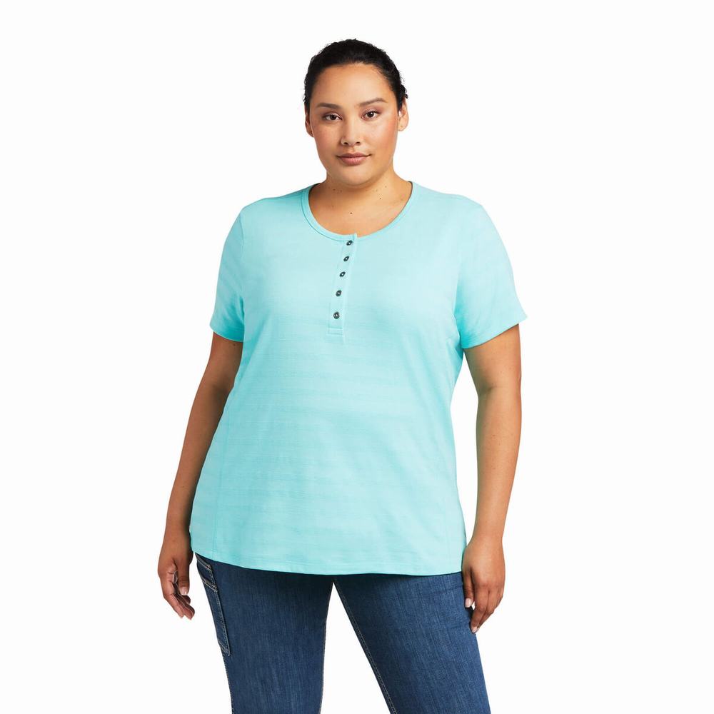 Women's Ariat Rebar Henley Tops Light Turquoise Blue | KYCG-59682