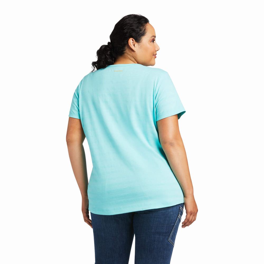 Women's Ariat Rebar Henley Tops Light Turquoise Blue | KYCG-59682