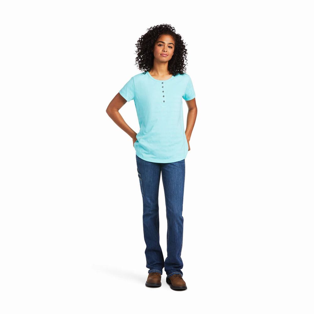 Women's Ariat Rebar Henley Tops Light Turquoise Blue | KYCG-59682