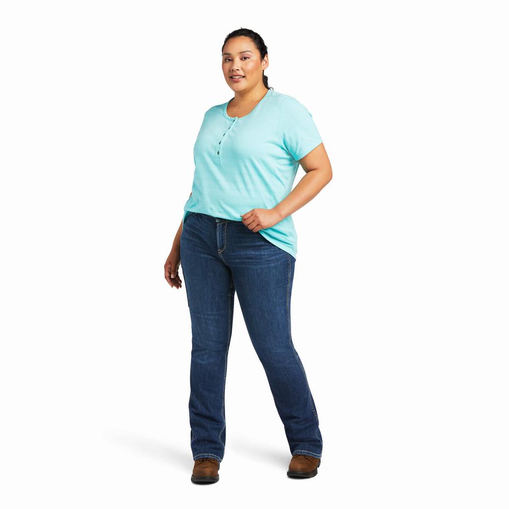 Women's Ariat Rebar Henley Tops Light Turquoise Blue | KYCG-59682