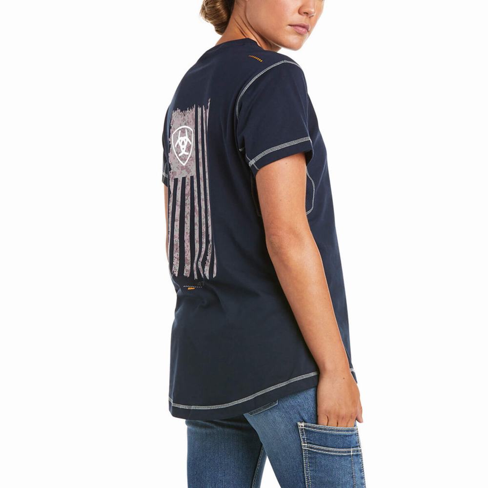 Women's Ariat Rebar Woman Camo Flag Short Sleeve Navy | RYUF-71536