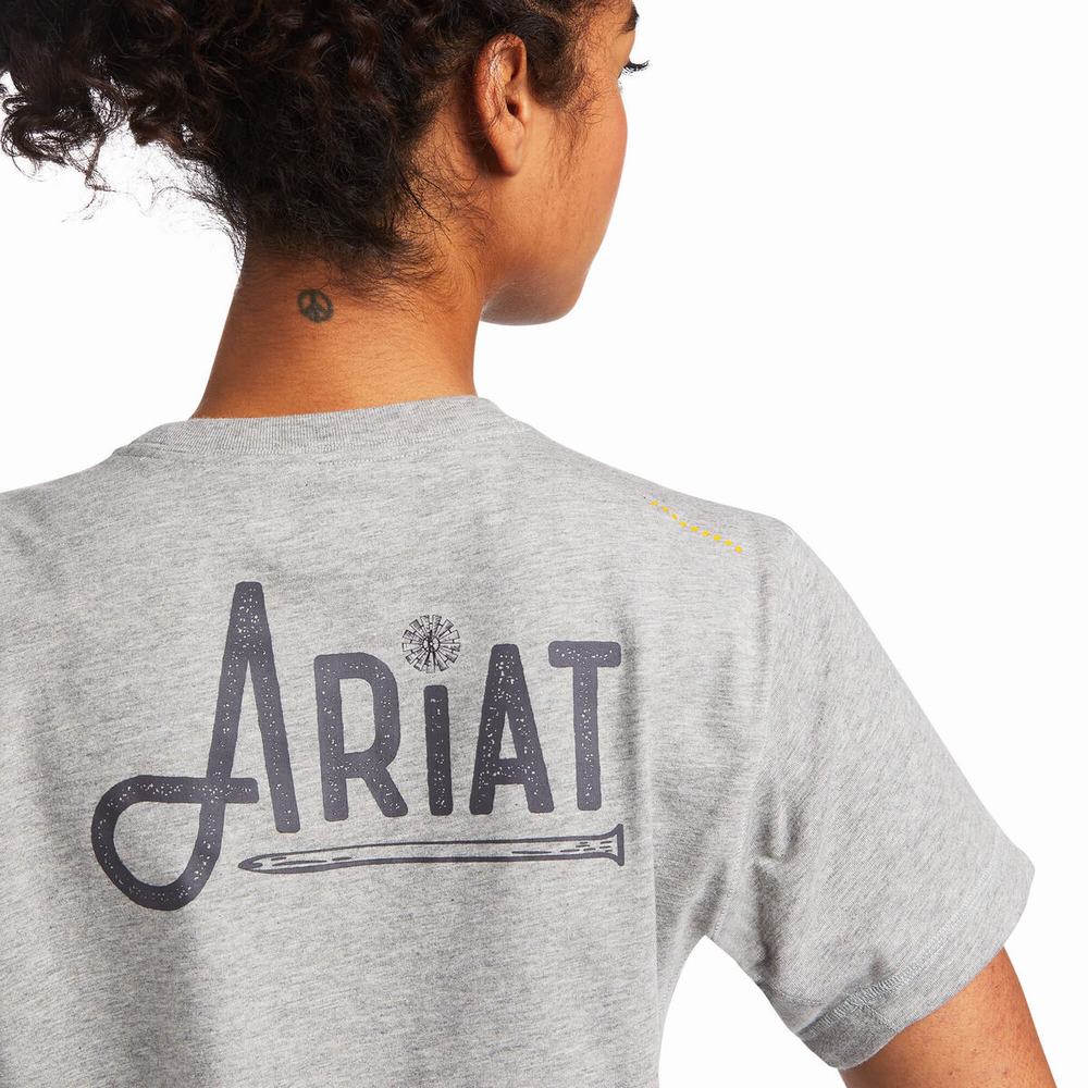 Women's Ariat Rebar Workman Graphic Logo Tops Grey | JKIT-34679