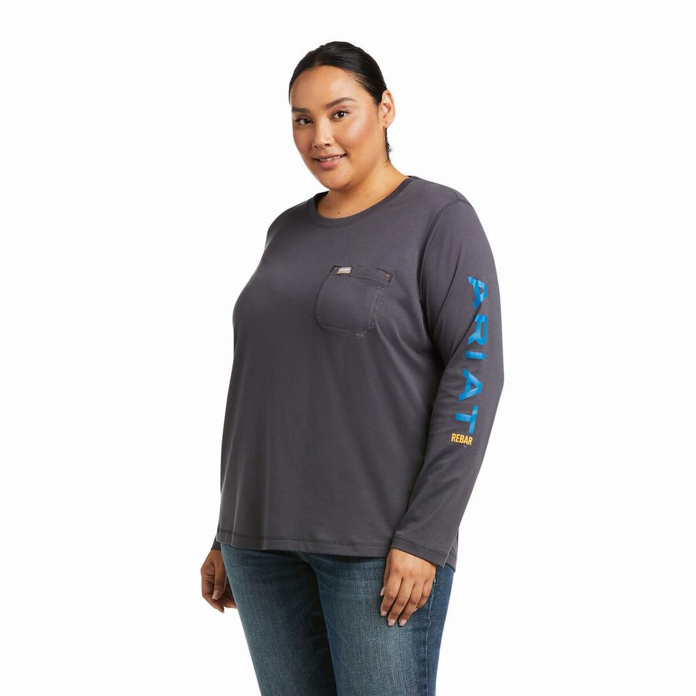 Women's Ariat Rebar Workman Logo T Shirts Grey / Blue | IUWS-87231