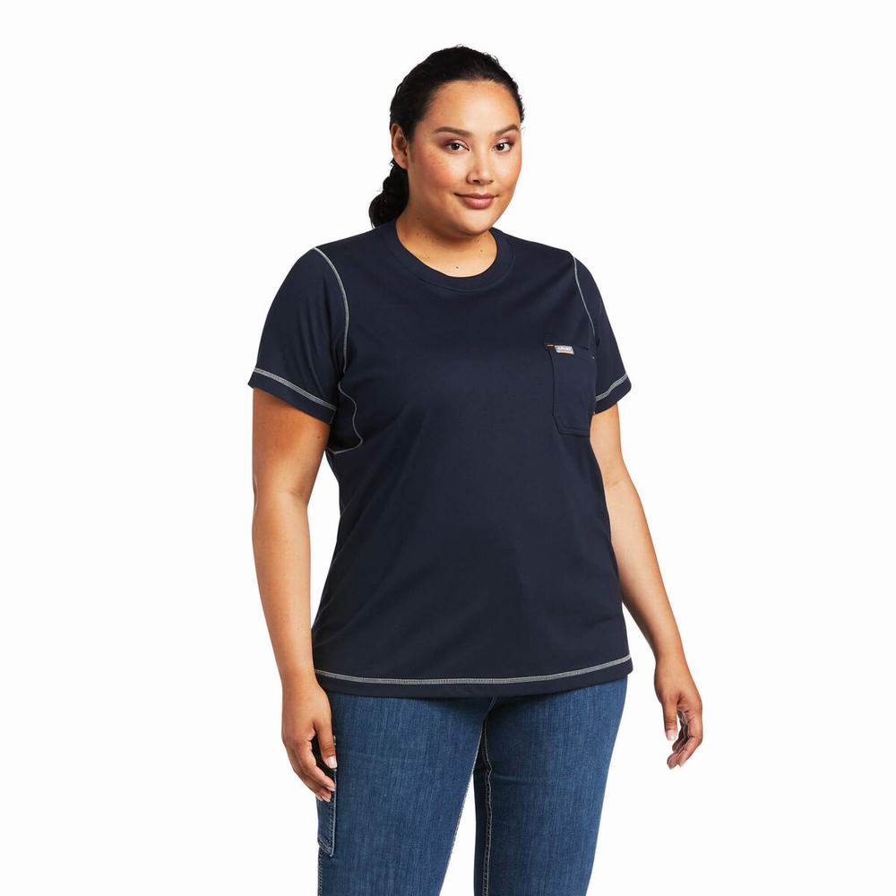 Women's Ariat Rebar Workman Phrase Tops Navy | TPOD-51249