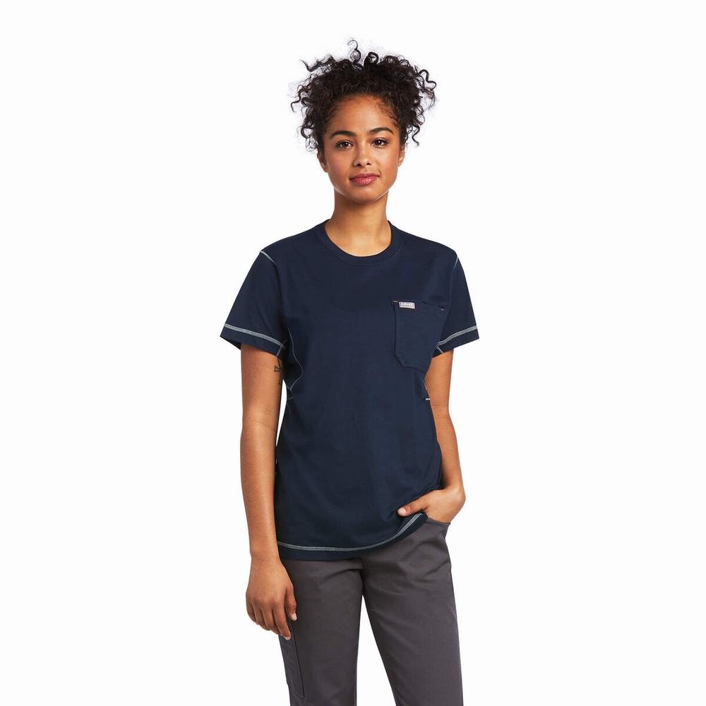 Women's Ariat Rebar Workman Phrase Tops Navy | TPOD-51249