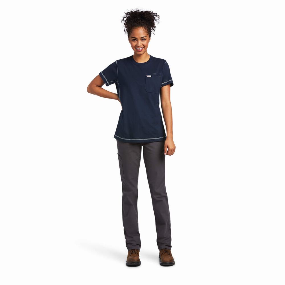 Women's Ariat Rebar Workman Phrase Tops Navy | TPOD-51249