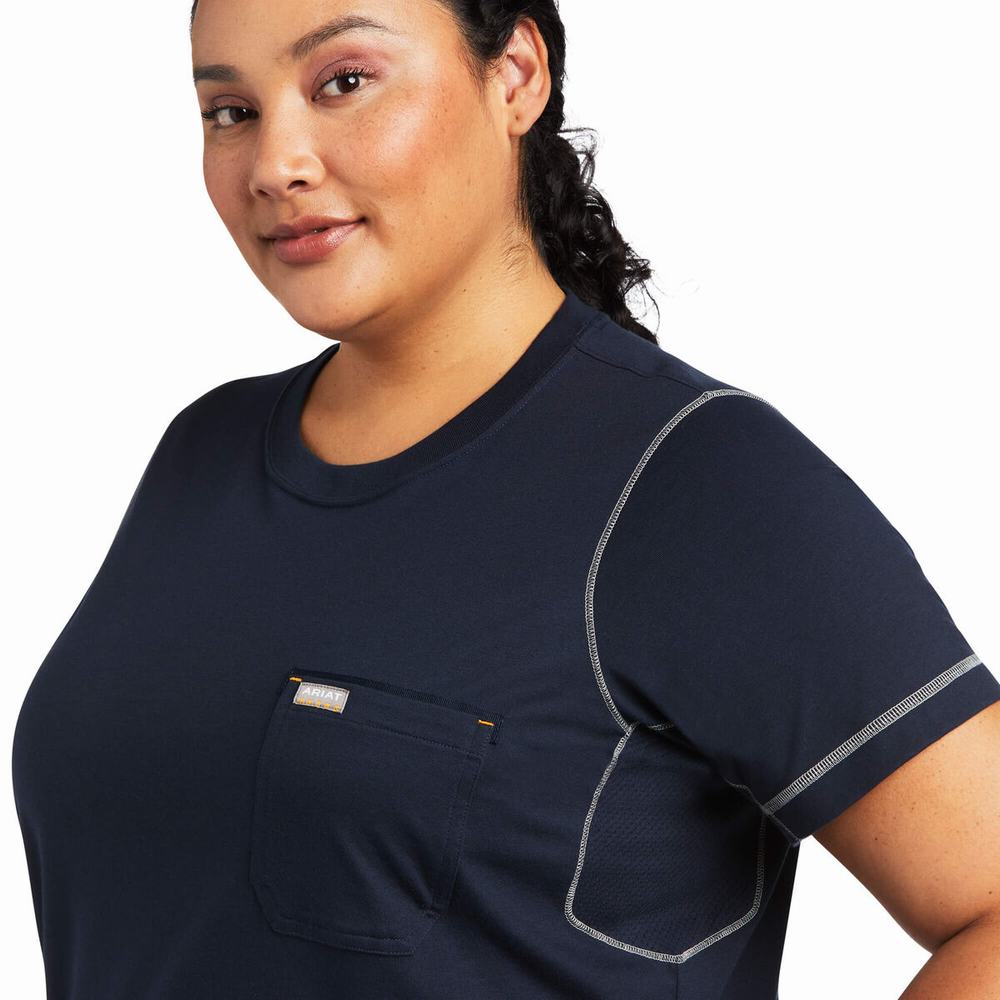 Women's Ariat Rebar Workman Phrase Tops Navy | TPOD-51249