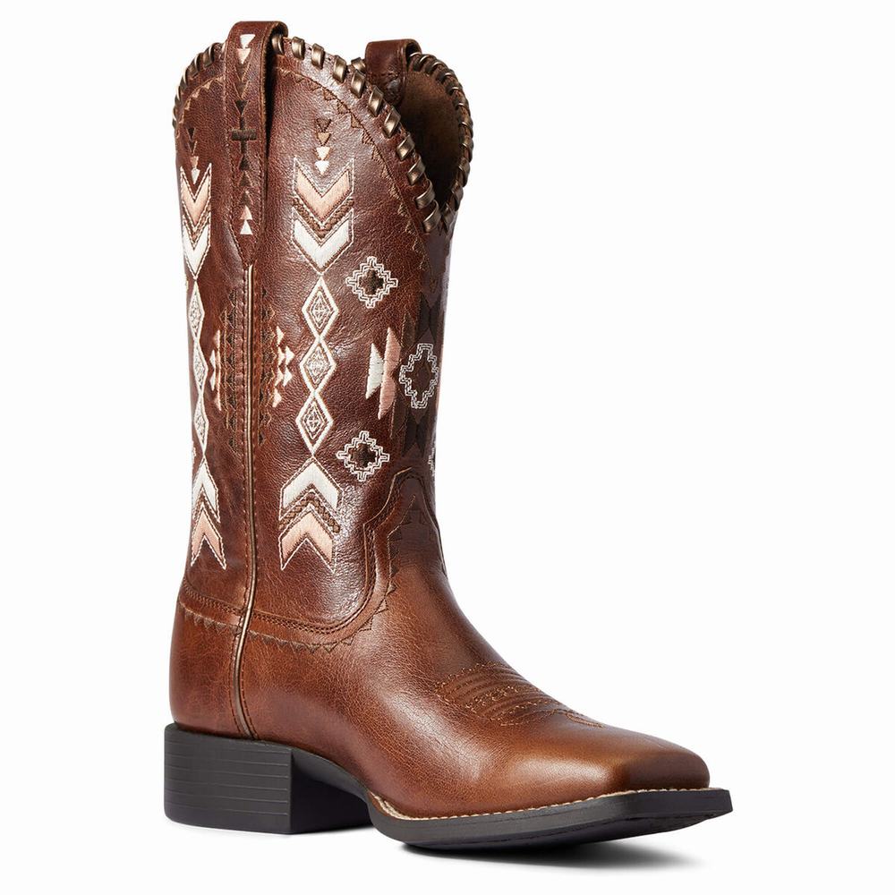 Women's Ariat Round Up Skyler Western Boots Brown | SYEL-24817