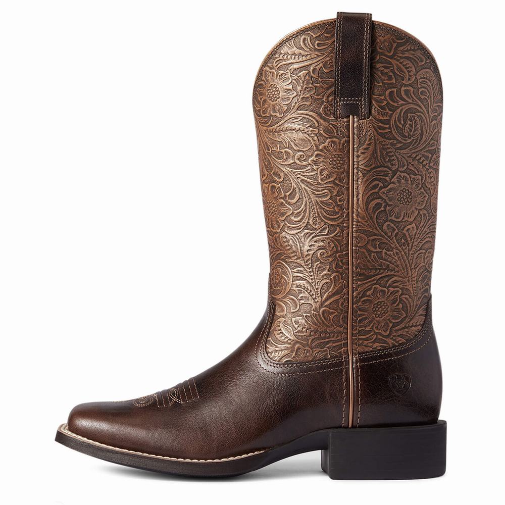 Women's Ariat Round Up Wide Square Toe Western Boots Brown | HWNC-85146