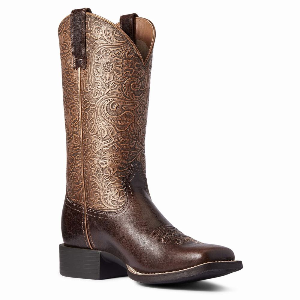 Women's Ariat Round Up Wide Square Toe Western Boots Brown | HWNC-85146