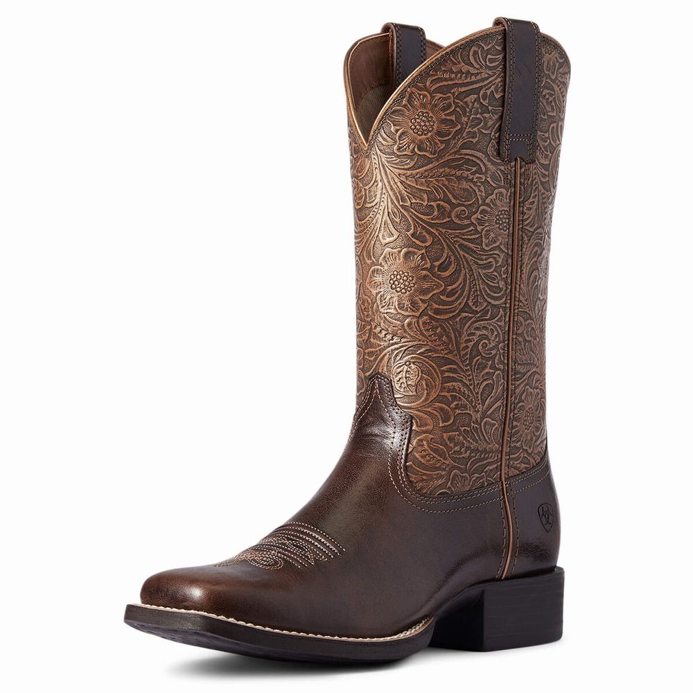 Women\'s Ariat Round Up Wide Square Toe Western Boots Brown | HWNC-85146