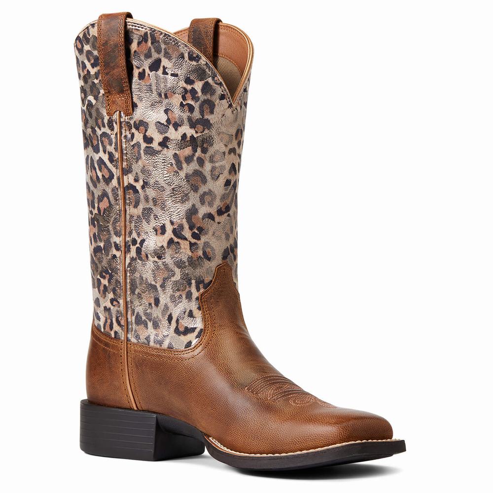 Women's Ariat Round Up Wide Square Toe Western Boots Brown | ZGLR-21047