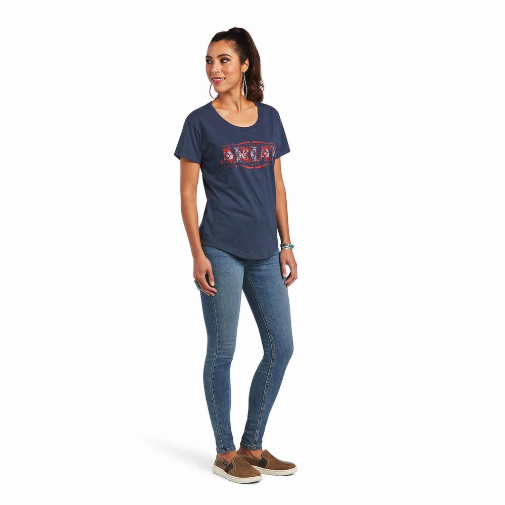 Women's Ariat Sonora Logo Tops Navy | ERHV-26530