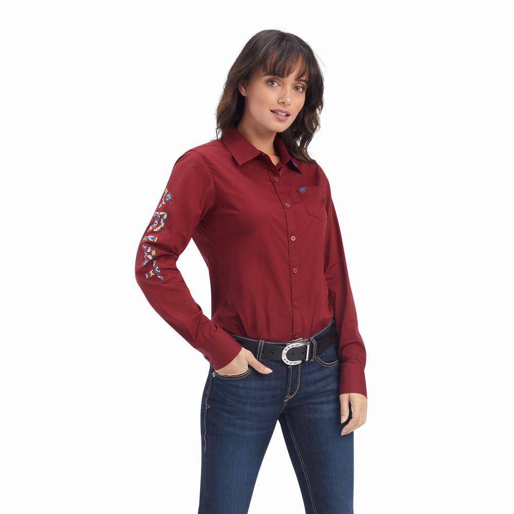 Women\'s Ariat Team Kirby Stretch Tops Dark Red | YNOM-05641