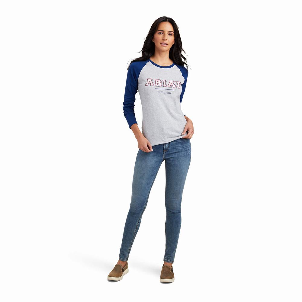 Women's Ariat Varsity Tops Blue / Grey | ZKLS-85460