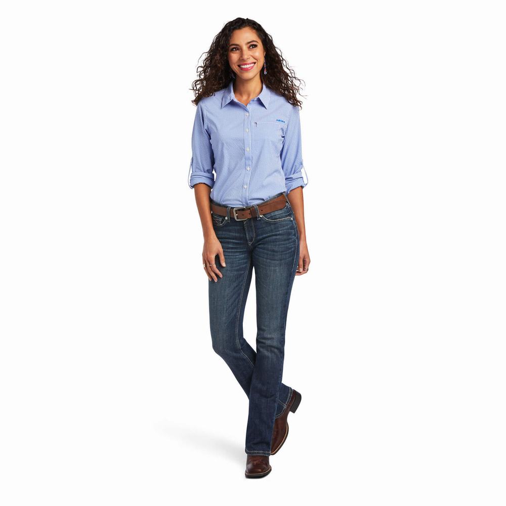 Women's Ariat VentTEK Stretch Tops Blue / White | ZAYH-27931